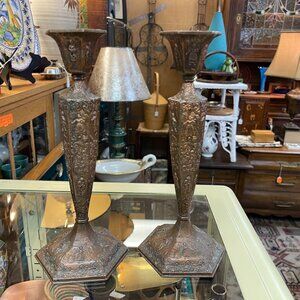 Vintage Pair Jennings Brothers Dutch Farming Scene Metal Candlesticks 11”